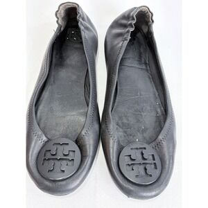 Tory Burch Black Leather Ballet Flats Reva Style Elastic Heel Classic Designer 8